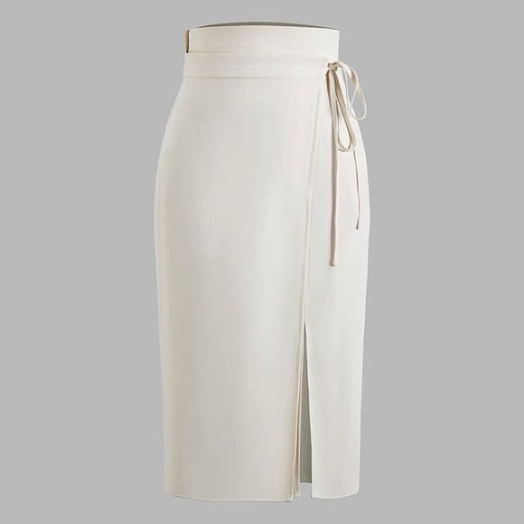 Ivory Wrap Style High Waisted Midi Skirt - Picture 3 of 5